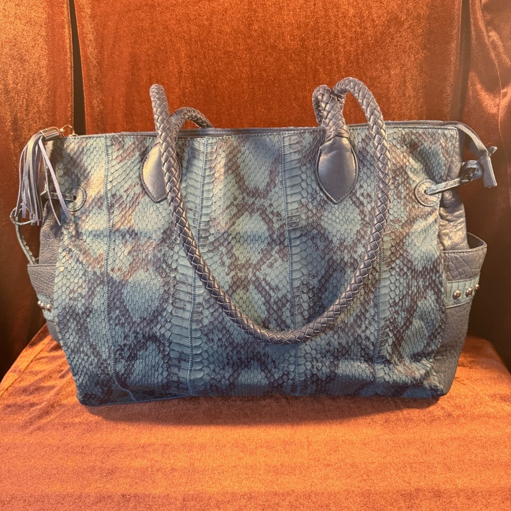 Chi by Carlos Falchi Blue Snakeskin Python Leather Tote Bag Limited Edition 184 - Picture 3 of 14